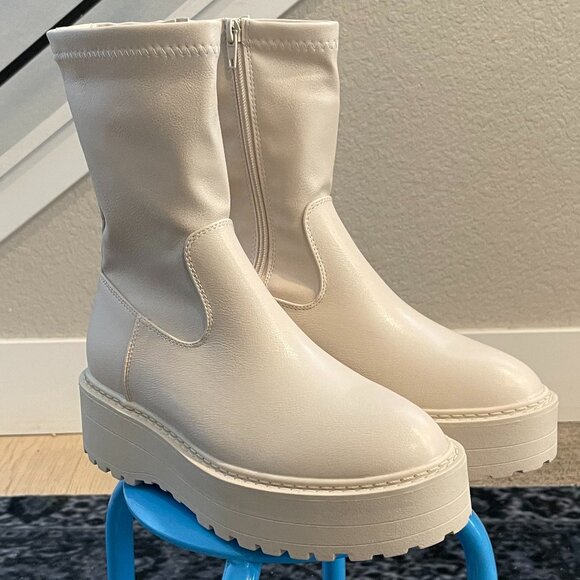 Public Desire Cream Heeled Boots - Picture 2 of 8